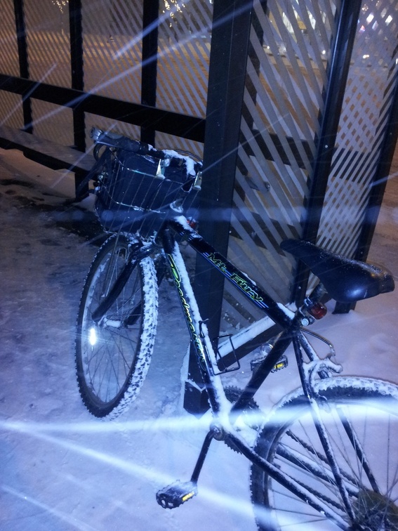 bike at a bus shelter during snow storm